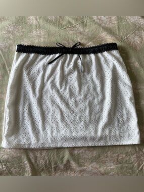 White Eyelet Mini Skirt with Black Lace Y2K Coquette Bow Witchy Whimsigoth